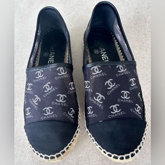 Chanel CC logo Mesh Grosgrain Cap Toe Black Espadrille Flats EU 37 US 6-6.5 - Picture 9 of 11